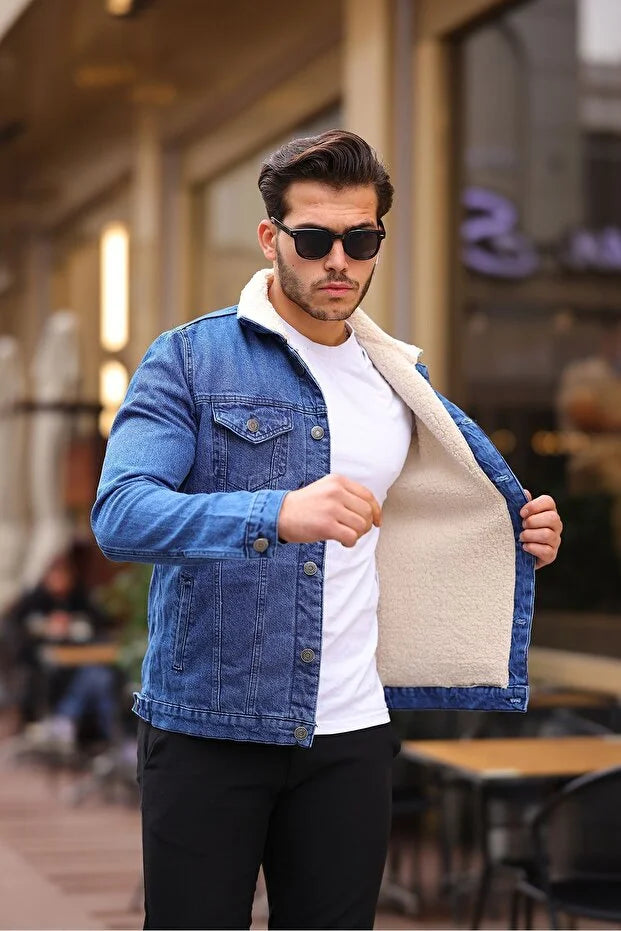 Fur Lined Denim Blue Jean Jacket With White Fur Mens Fleece Lined Winter  Warm Coat Trucker
