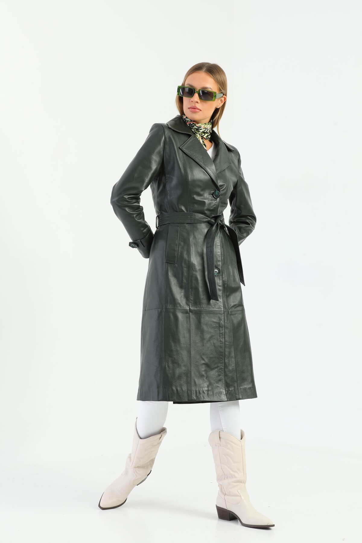Tracy Dark Green Leather Trench Coat For Women's