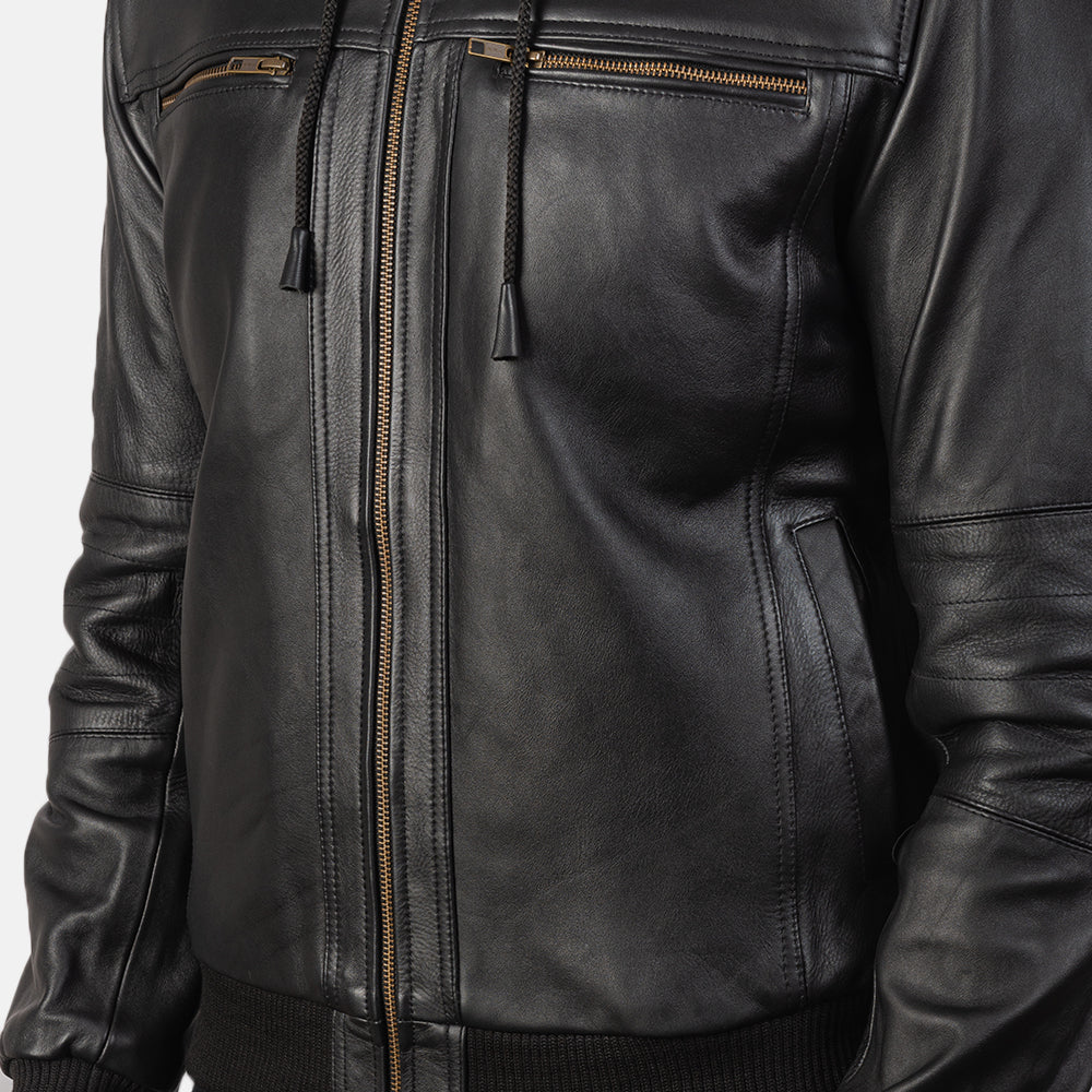 Black Leather Hooded Bomber Jacket