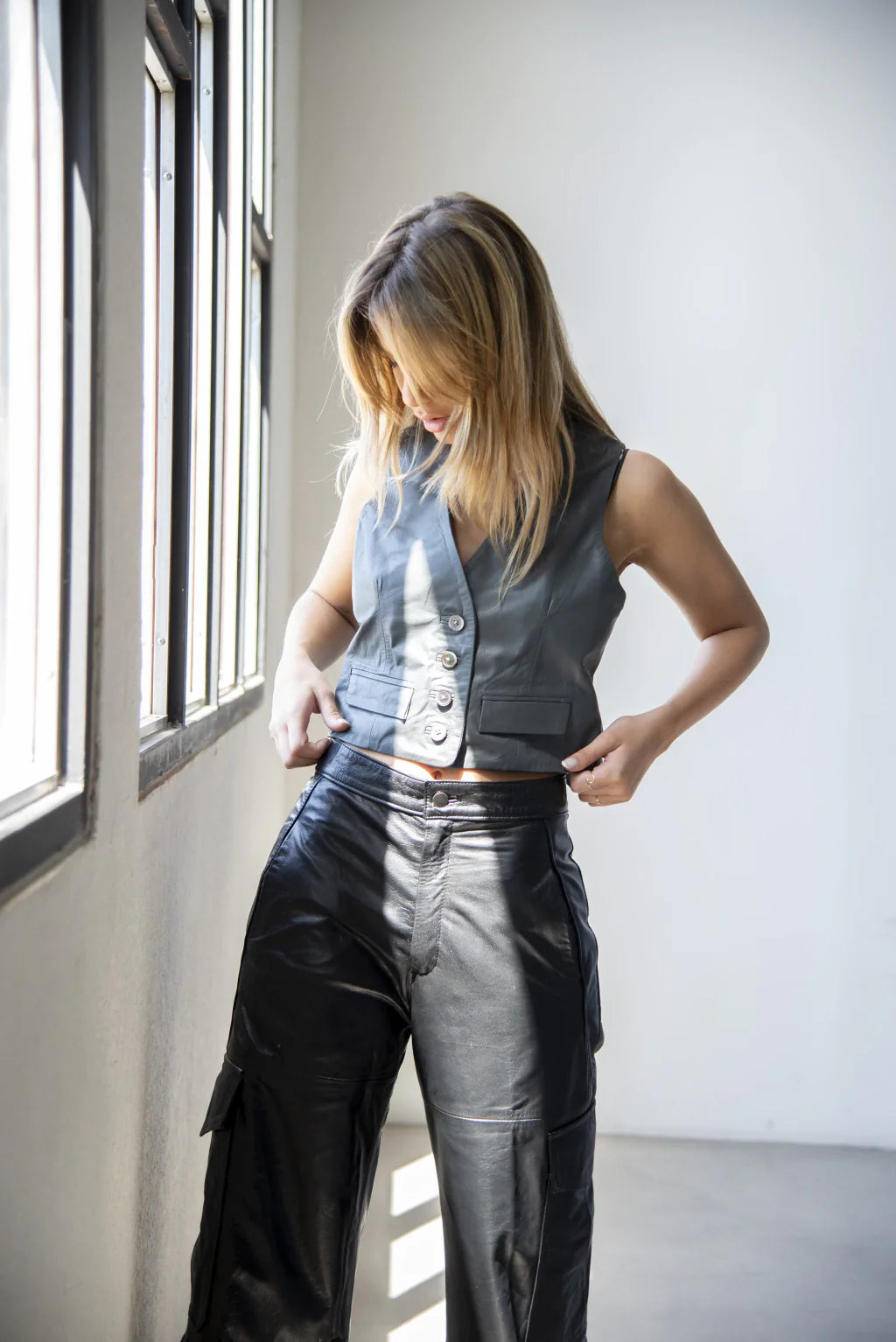 Grey Leather Vest For Women's