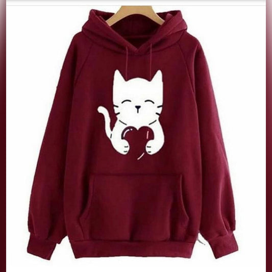Maroon Cute Cat Printed Fleece Full Sleeves Pull Over Hoodie For Women