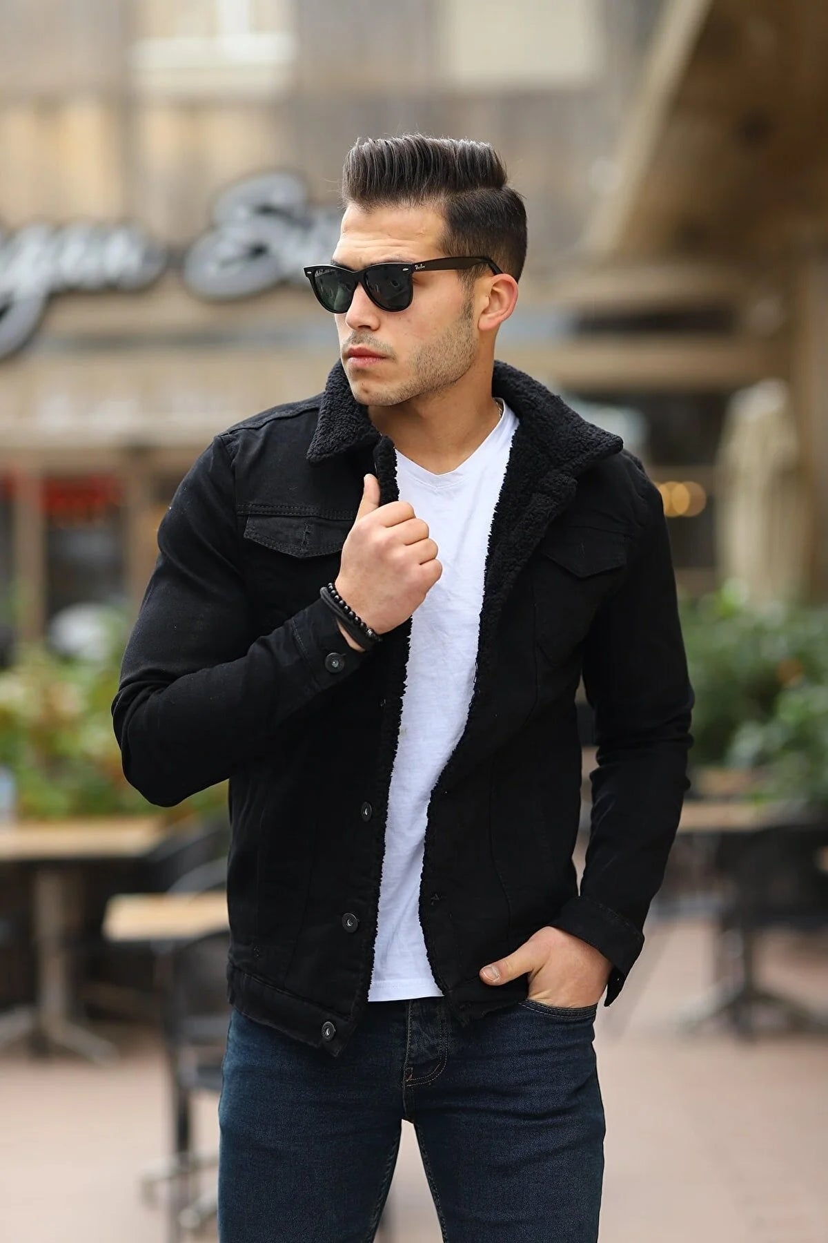 Black denim fur jacket mens shop