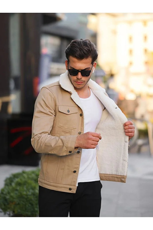 Premium Beige Denim Jacket with Off White Fur Lining