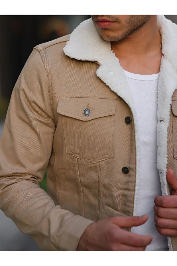 Premium Beige Denim Jacket with Off White Fur Lining