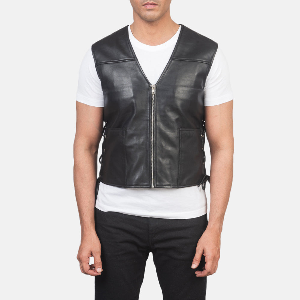 Black Genuine Leather Vest For Men's