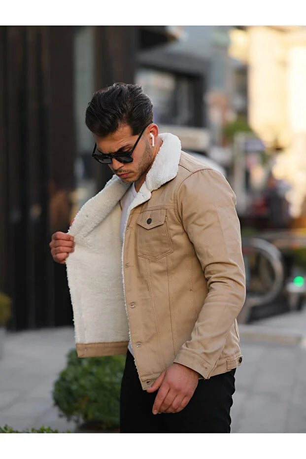 Premium Beige Denim Jacket with Off White Fur Lining