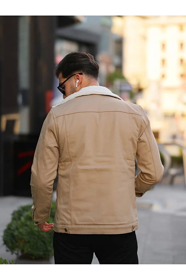Premium Beige Denim Jacket with Off White Fur Lining