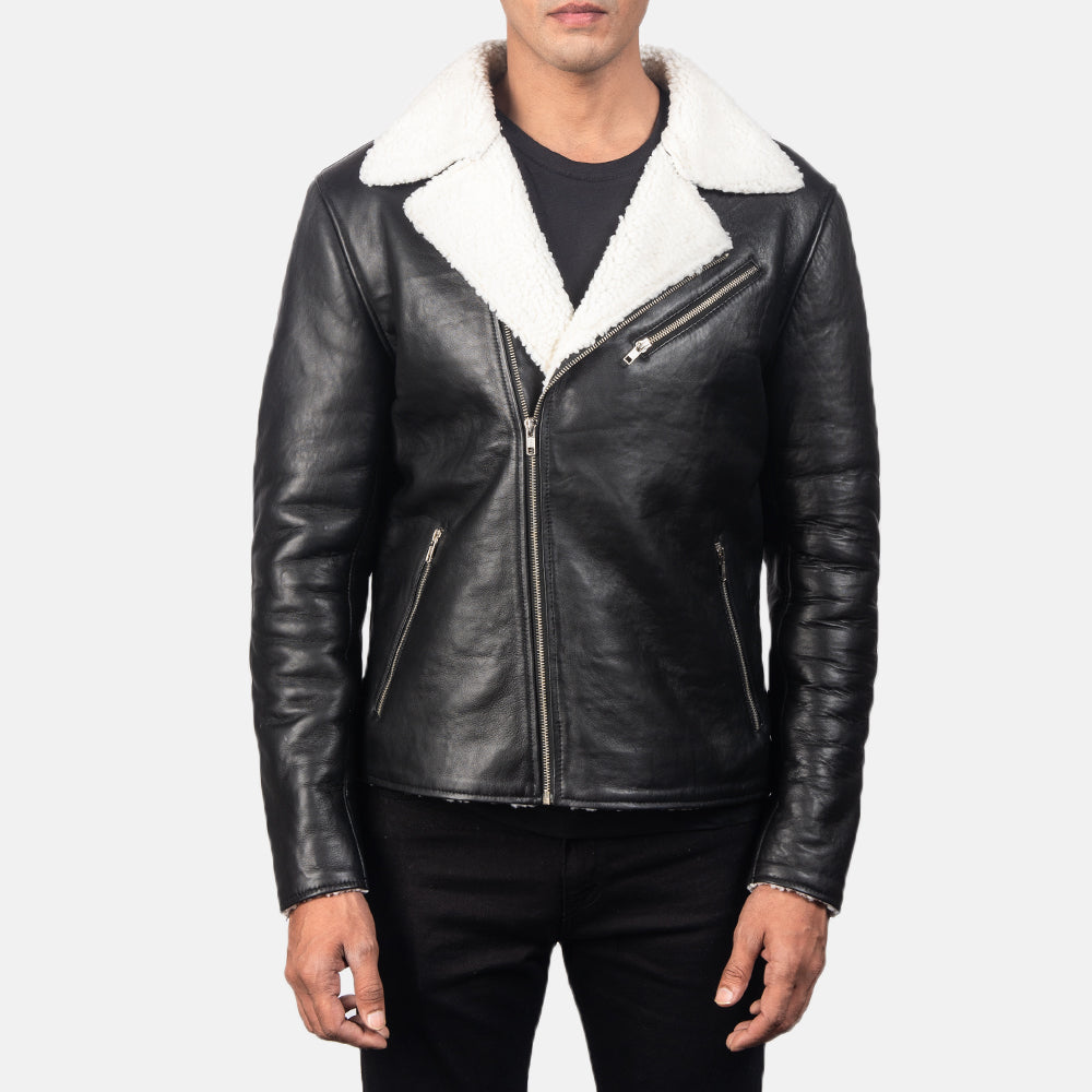 White Shearling Black Leather Jacket For Men's