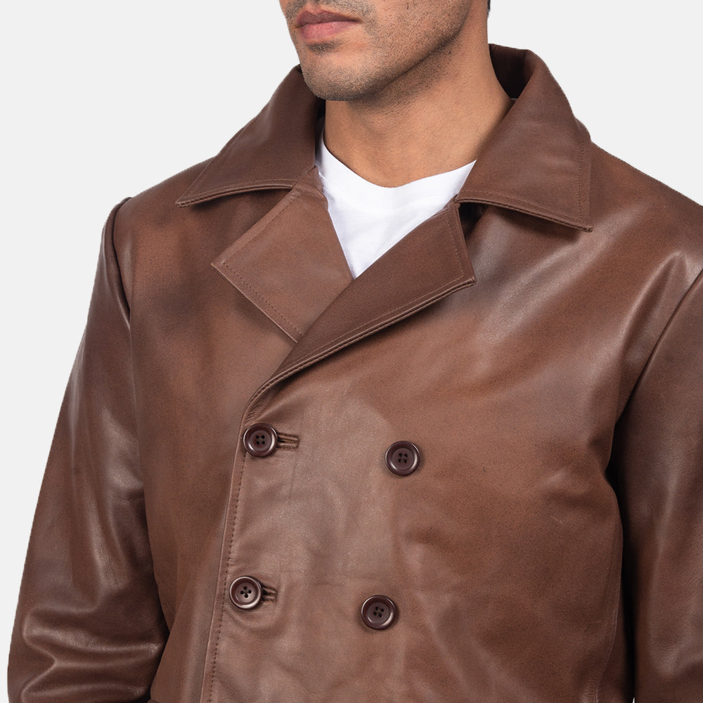 Ace Brown Genuine Leather Naval Peacoat