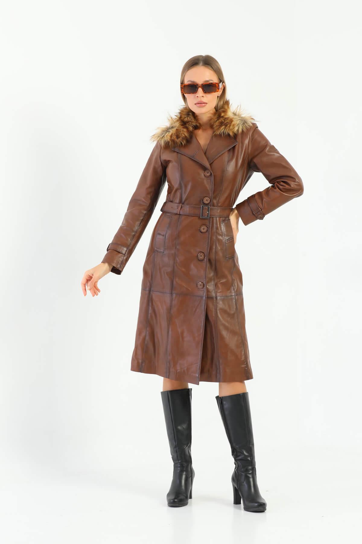 Brenda Brown Leather Trench Coat Fur Collar