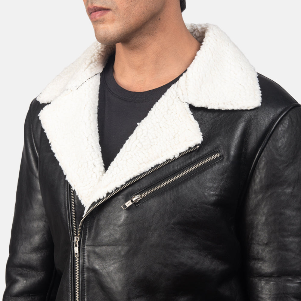 White Shearling Black Leather Jacket For Men's