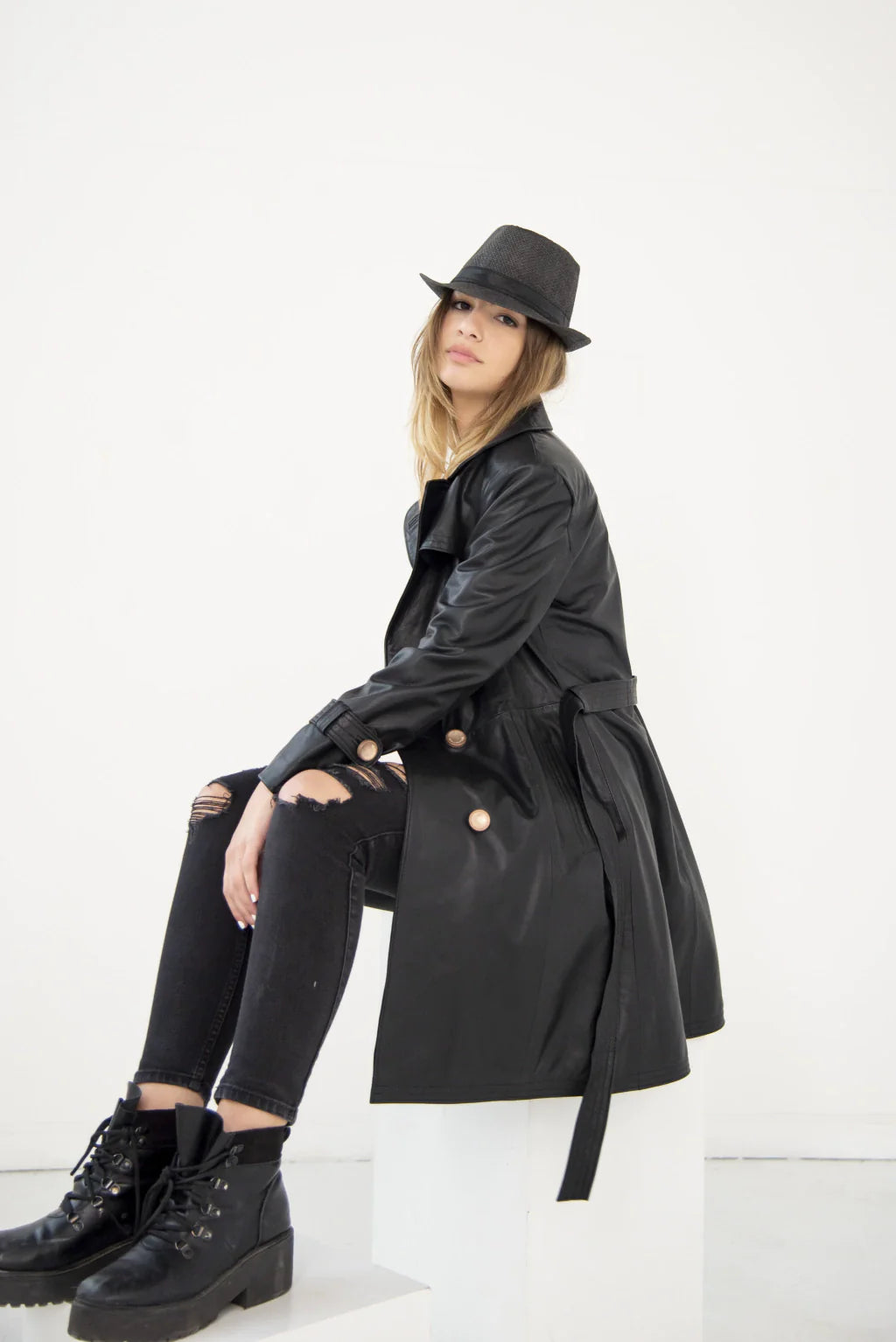 Black Trench Leather Coat For Women