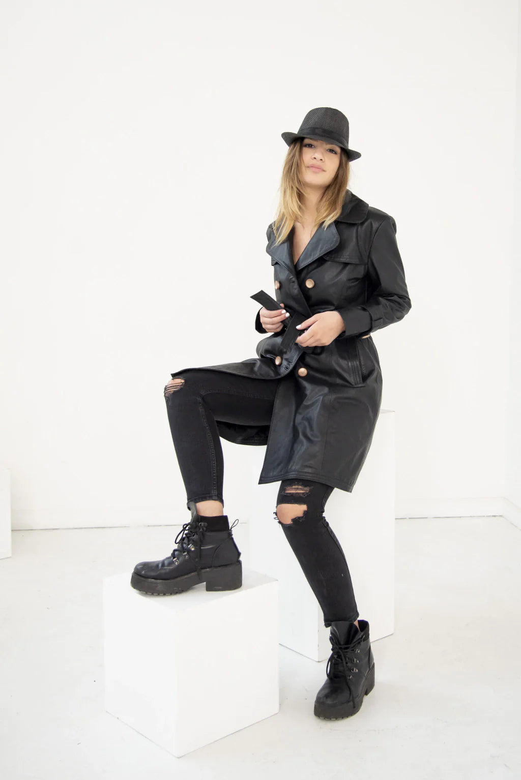 Black Trench Leather Coat For Women