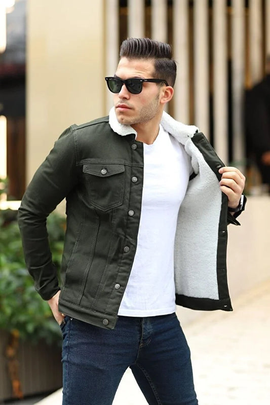 Premium Olive Denim Jacket with White Fur Lining