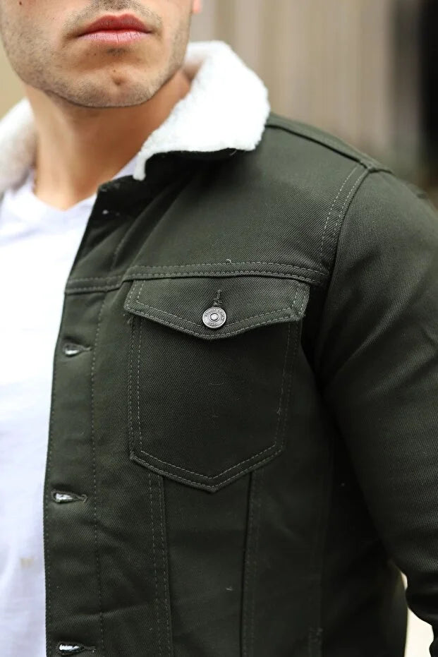 Premium Olive Denim Jacket with White Fur Lining