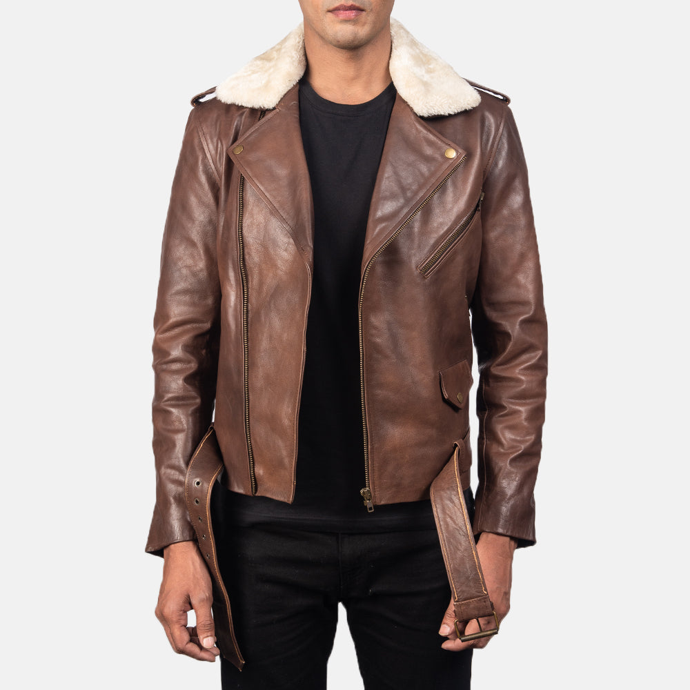 Fur Collar Brown Leather Biker Jacket