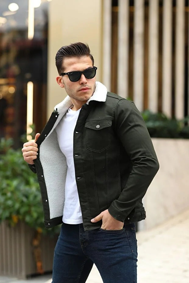 Premium Olive Denim Jacket with White Fur Lining