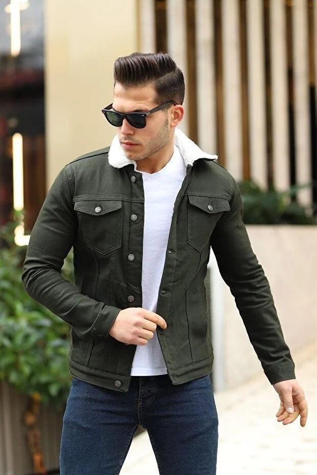 Premium Olive Denim Jacket with White Fur Lining