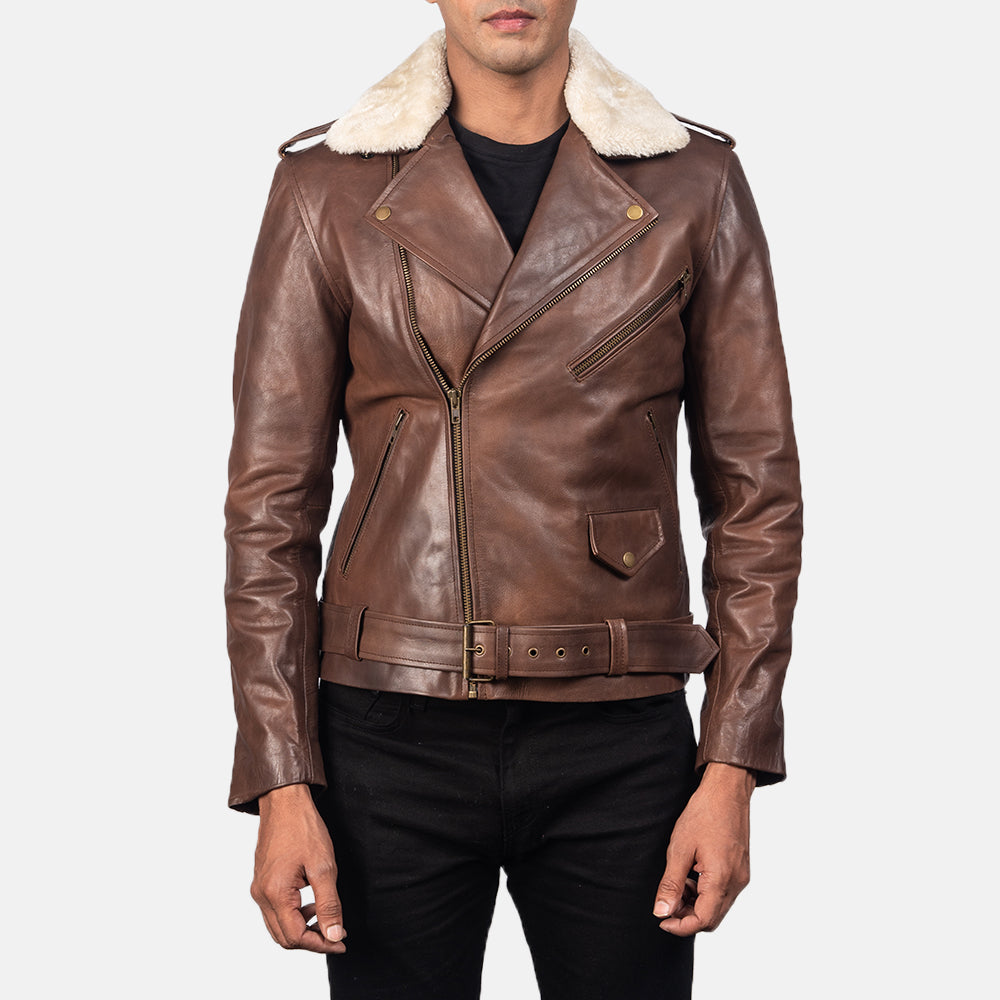 Fur Collar Brown Leather Biker Jacket