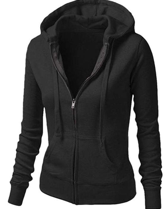 BRANDSTITCH Black Plain Fleece Zipper Hoodie For Women - AceCart Warm Hooded Sweatshirt in Black