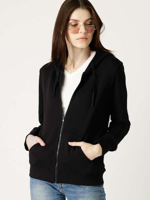 Black Zipper Pull Over Hoodie For Women - AceCart Warm Hooded Sweatshirt in Black