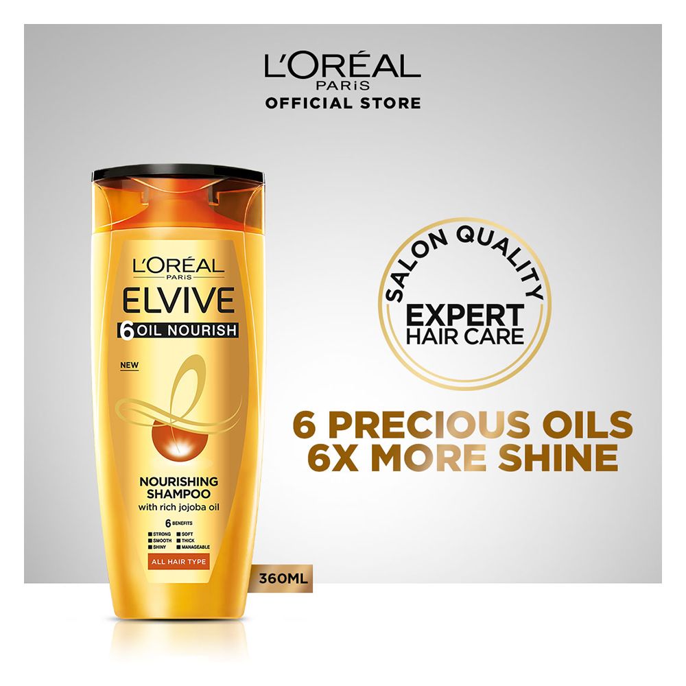 L'Oreal Paris 6 Oil Nourish Scalp + Hair Nourishing Shampoo, For All Hair Types, 360ml - Front View