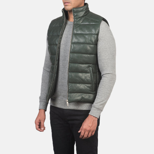 Ace Green Genuine Leather Puffer Vest