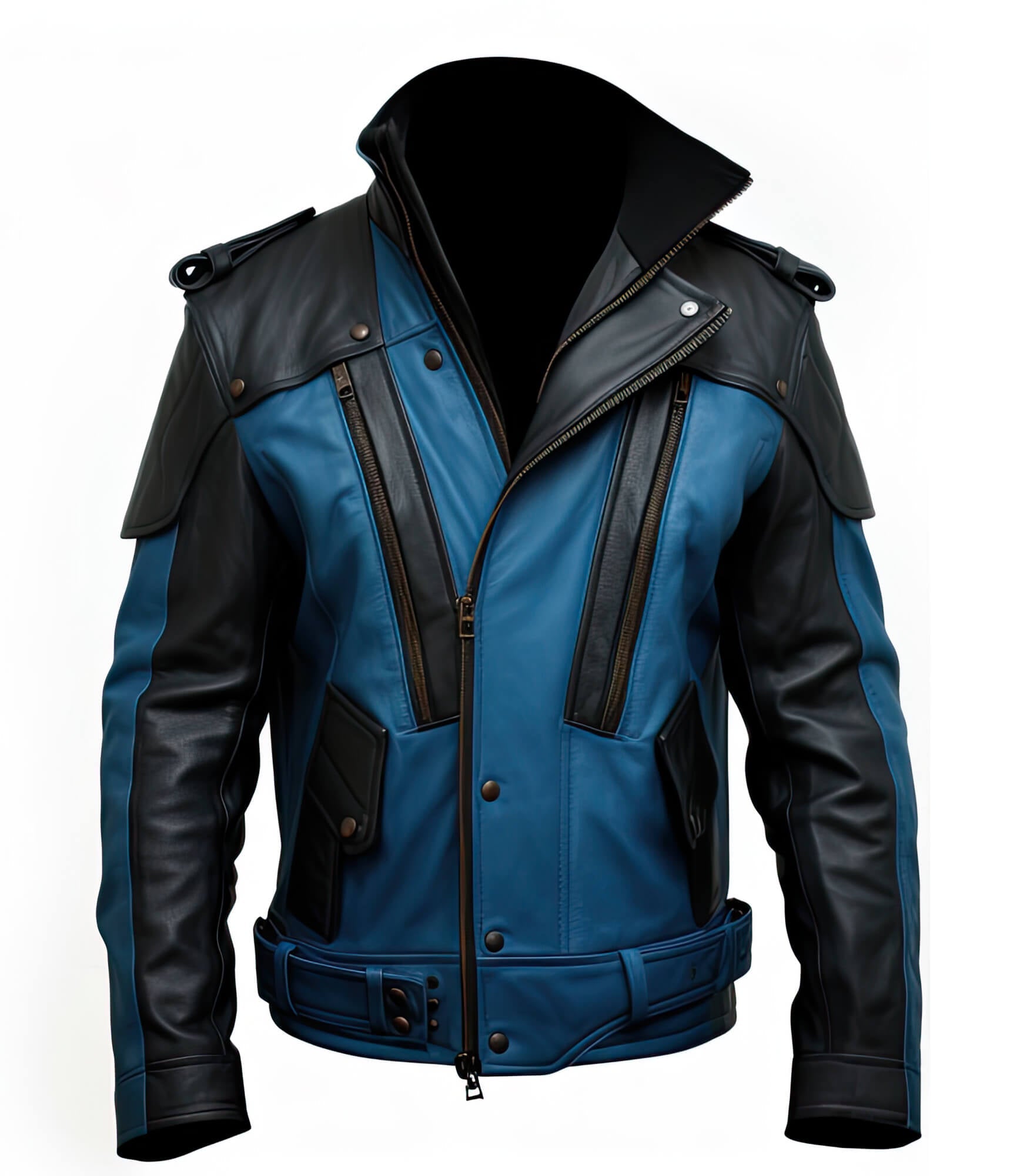 Men's Blue Black Genuine Sheepskin Shirt Collar Asymmetric Belted Elegant Fashionable Military Style Leather Jacket - Front View - AceCart