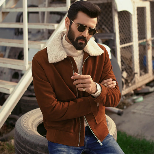 Men's Bomber Leather Jacket - Suede Leather