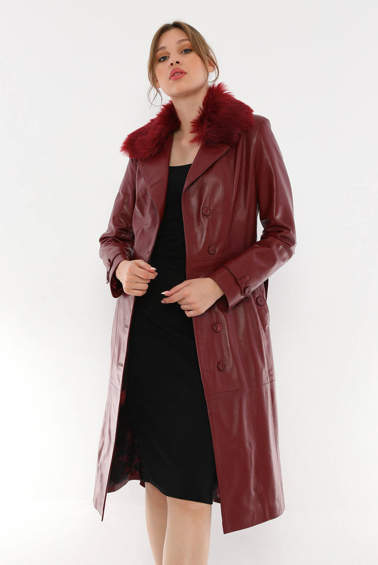 Brenda Maroon Leather Trench Coat Fur Collar