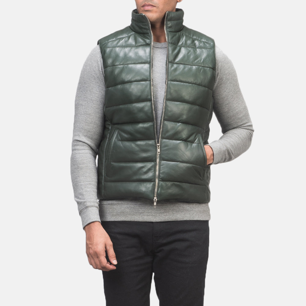 Ace Green Genuine Leather Puffer Vest