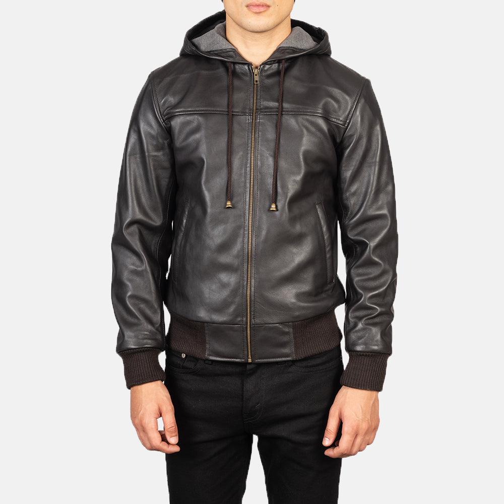 Dark Brown Hooded Leather Bomber Jacket