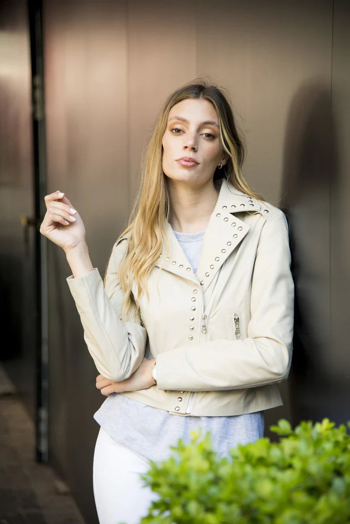 Beige Crop Studded Women Biker Leather Jacket