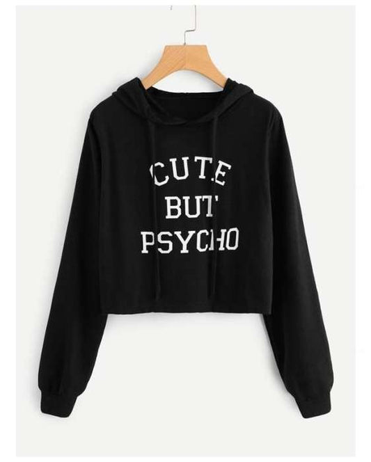 Black Cotton Crop Hoddie For Women - AceCart Warm Hooded Sweatshirt in Black