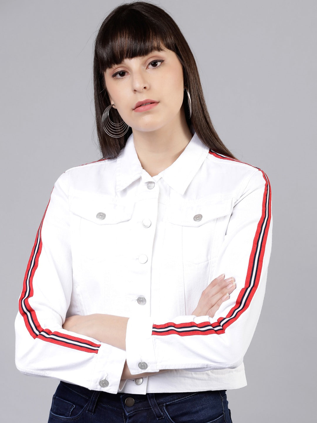 Women White Denim Jacket with Stripe Sleeves Stylish Trendy