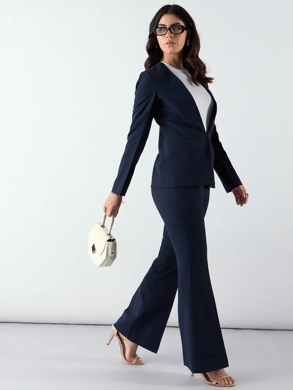 Women Navy Mid Waist Trouser Pant