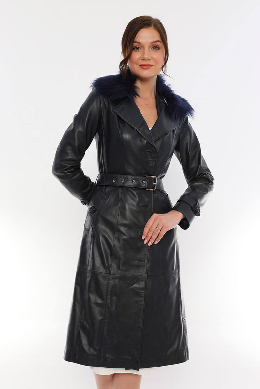 Brenda Leather Trench Coat Navy Fur Collar