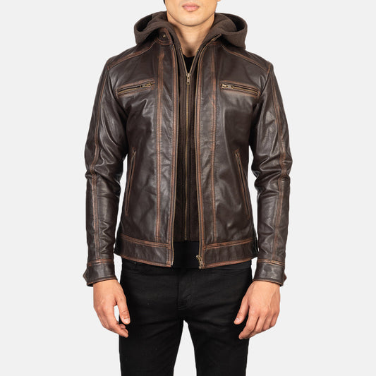 Vintage Brown Hooded Leather Biker Jacket
