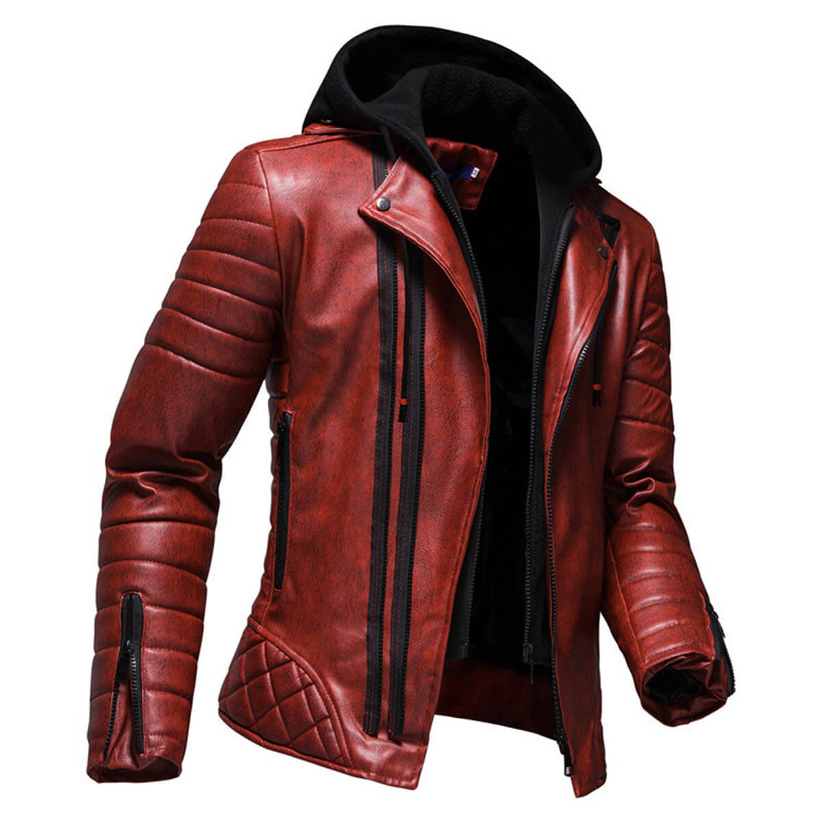 Men's Vintage Distressed Maroon Biker Genuine Sheepskin Lapel Collar Hooded Motorcycle Rider Crossover Retro Quilted Asymmetric Leather Jacket  - Back View - AceCart