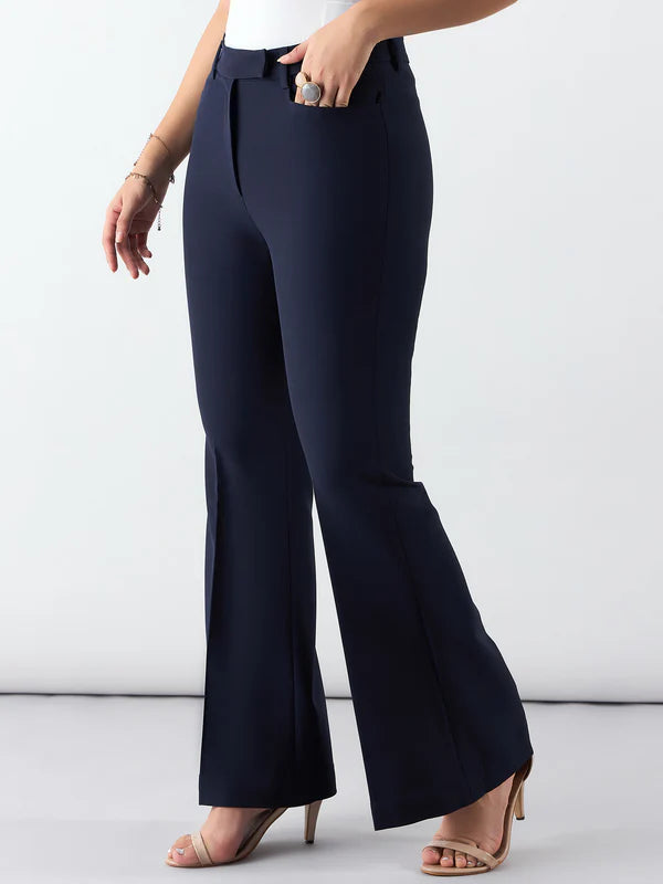 Women Navy Mid Waist Trouser Pant