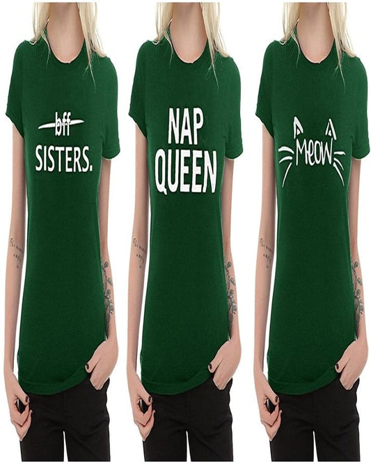 Pack Of 3 - Green Cotton Printed Tshirt For Women - Front View - AceCart