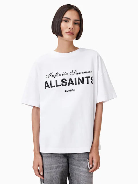 AllSaints White Cotton Relaxed Fit Printed Oversized T-Shirt For Women's