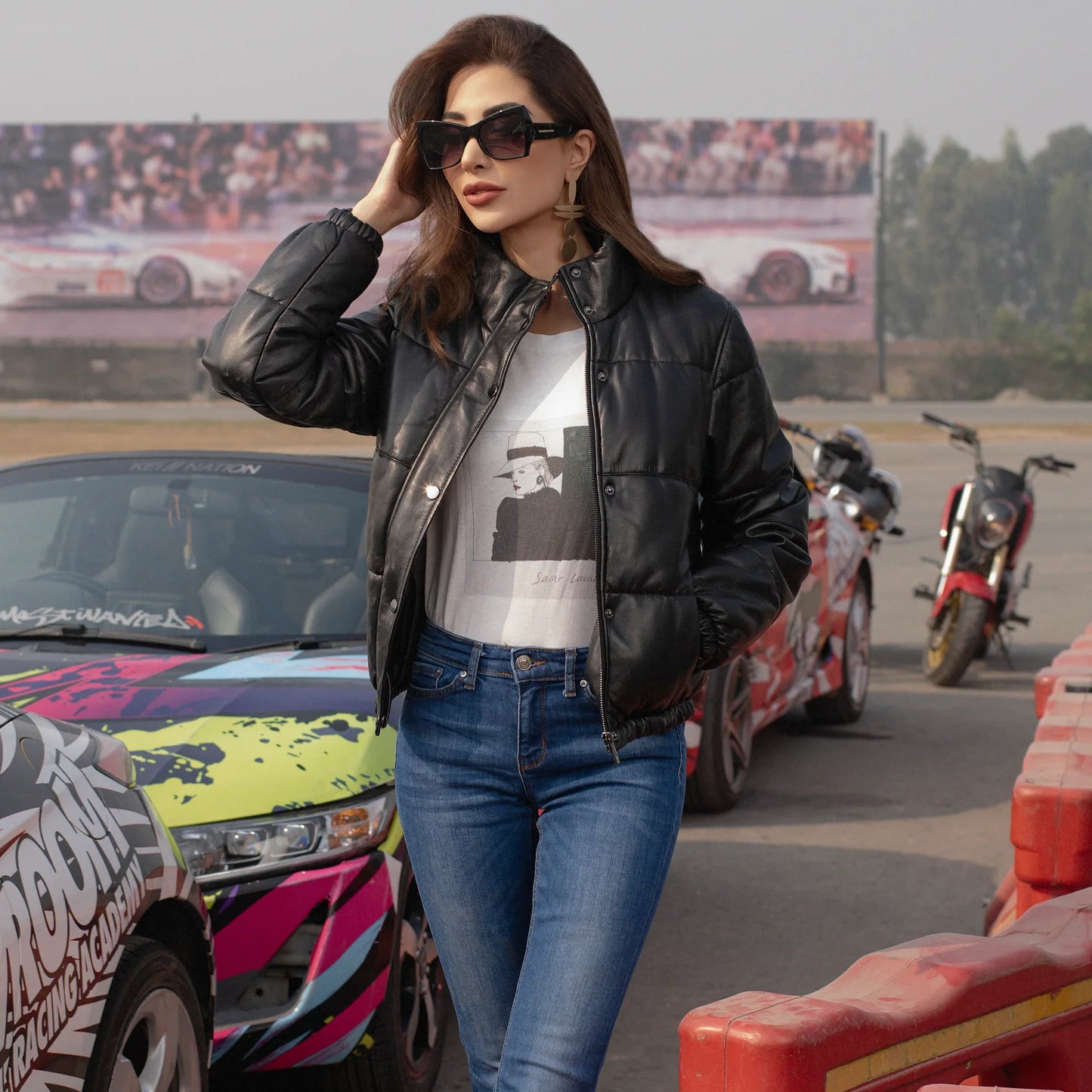 Quilted Bomber Women Black Leather Jacket