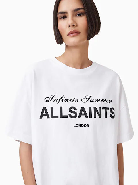 AllSaints White Cotton Relaxed Fit Printed Oversized T-Shirt For Women's