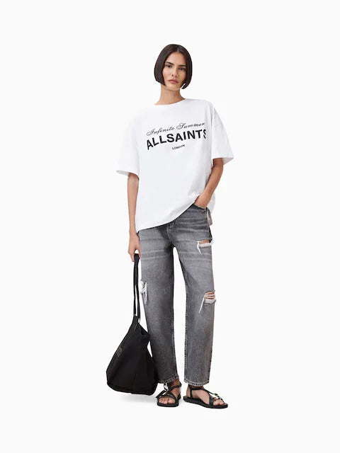 AllSaints White Cotton Relaxed Fit Printed Oversized T-Shirt For Women's