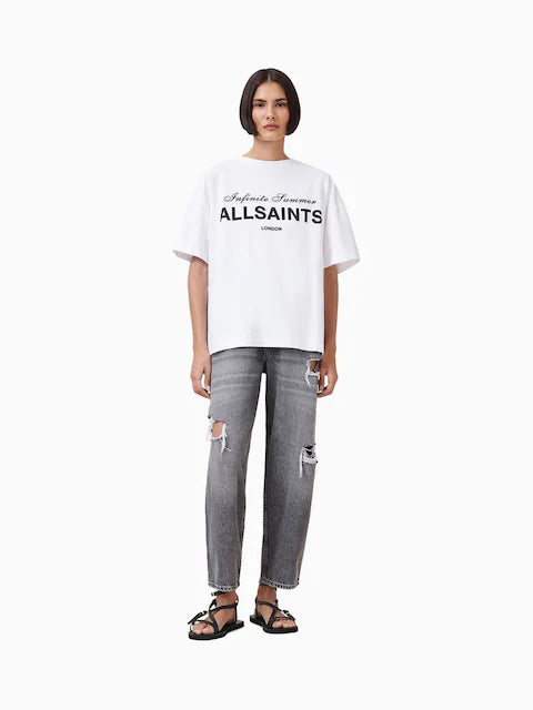 AllSaints White Cotton Relaxed Fit Printed Oversized T-Shirt For Women's