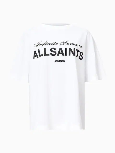 AllSaints White Cotton Relaxed Fit Printed Oversized T-Shirt For Women's