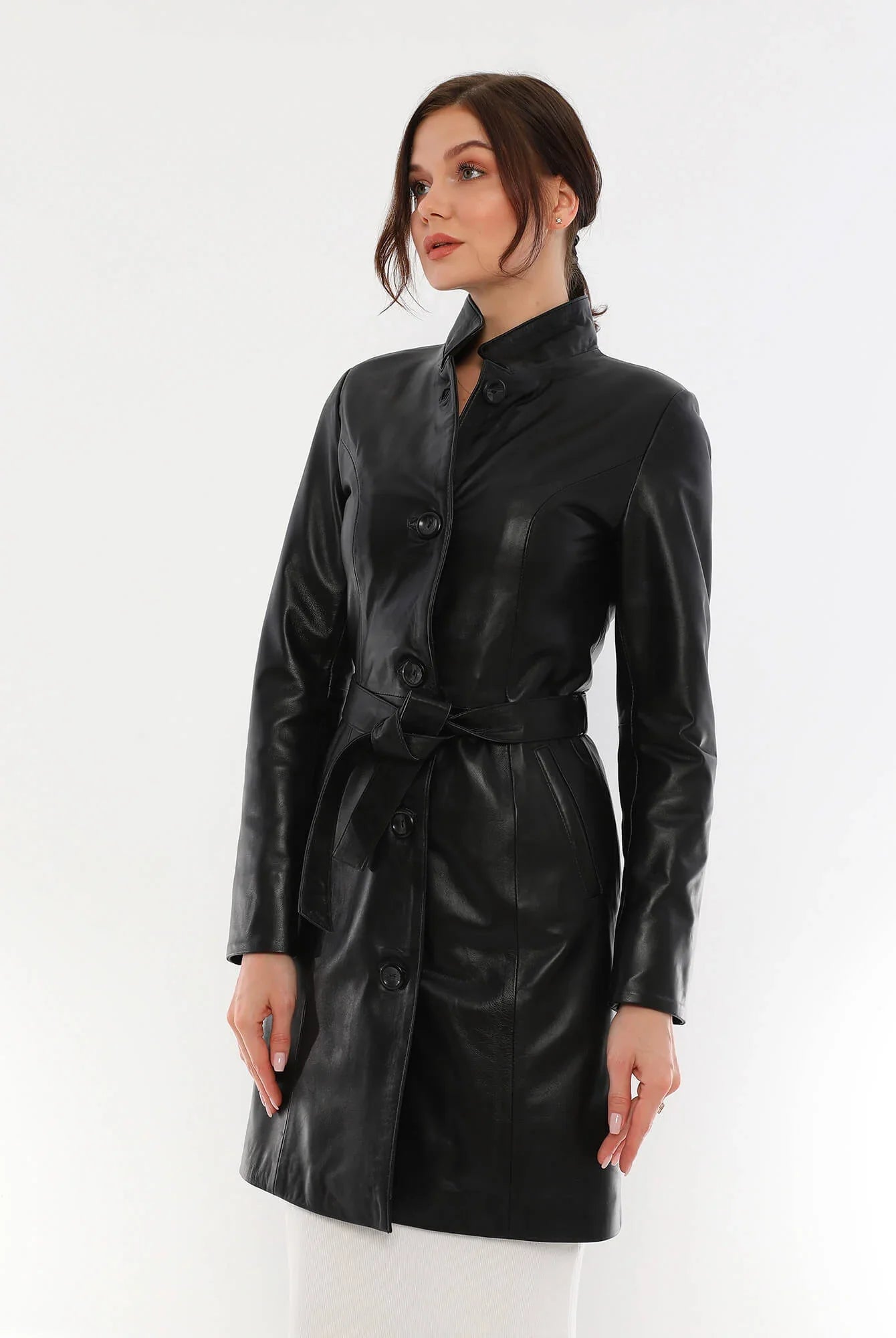 Alexa Black Leather Trench Coat For Women