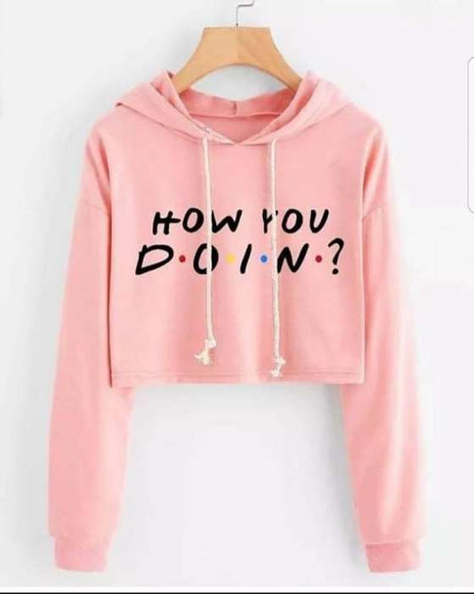 How You Doin Crop Printed Fleece Hoodie For womens - AceCart Warm Hooded Sweatshirt in Pink