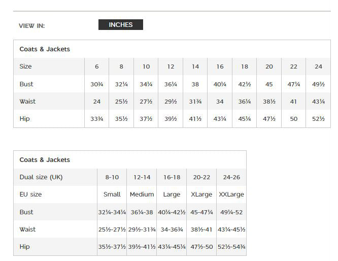 Measurement chart for coats and jackets with size measurements in inches and dual size chart.